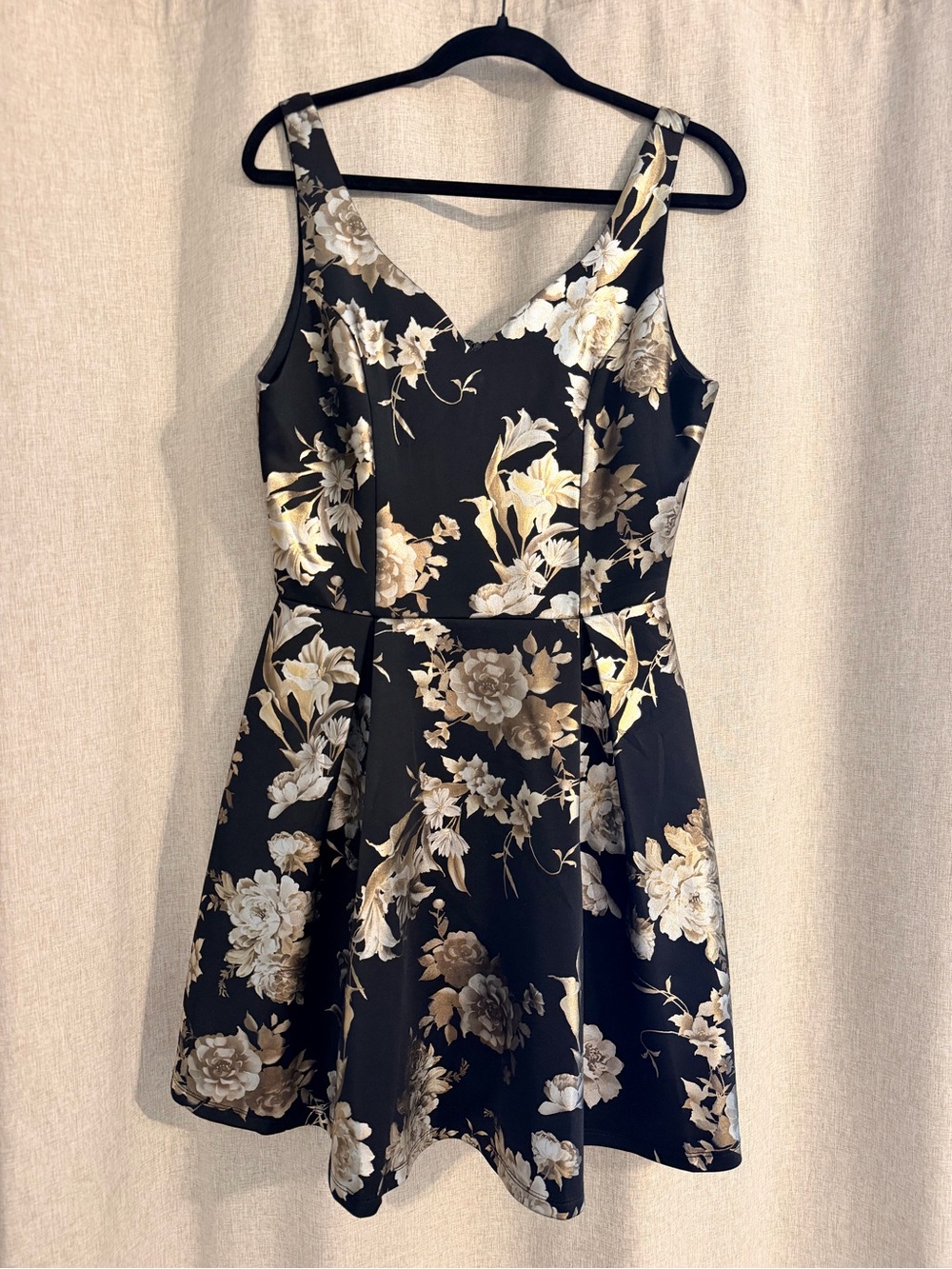 Black with Gold Foil Floral design V-Neck Fit & Flare Dress